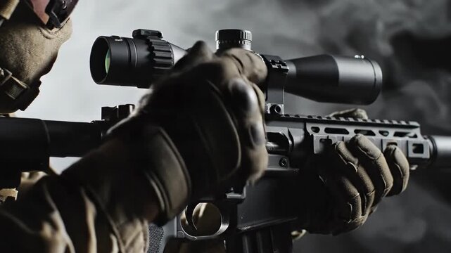 Tactical operator in gear aiming scoped rifle through mist. Closeup profile sequence of hands adjusting and firing weapon in studio. Military training and targeting simulation concept.