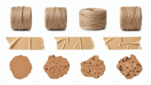 Set of ropes, paper and tape background.