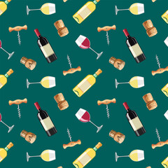 Glasses with drinks and bottles with corks.Vector seamless pattern with drinks in bottles and glasses on a colored background with corks and a corkscrew.