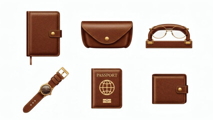 Leather business accessories arranged on plain background
