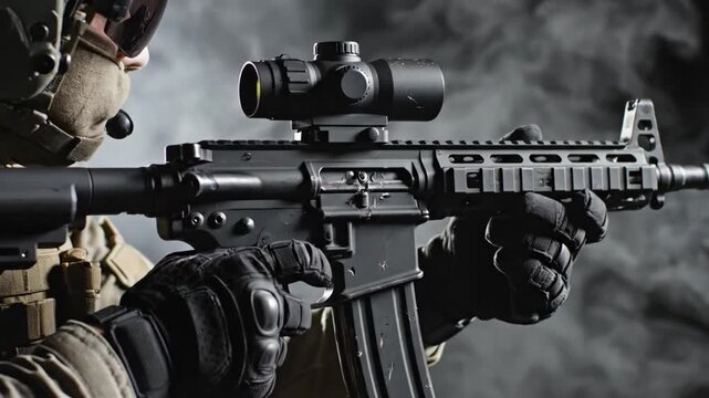 Tactical operator aiming rifle in profile closeup. Man in helmet and gloves holding black assault weapon with red dot sight. Studio shot with smoke for military training concept.