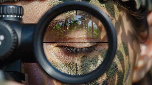 Extreme closeup of camouflaged mans eye peering through sniper rifle scope. Viewing foliage target in tactical surveillance. Military aiming and reconnaissance operation concept.