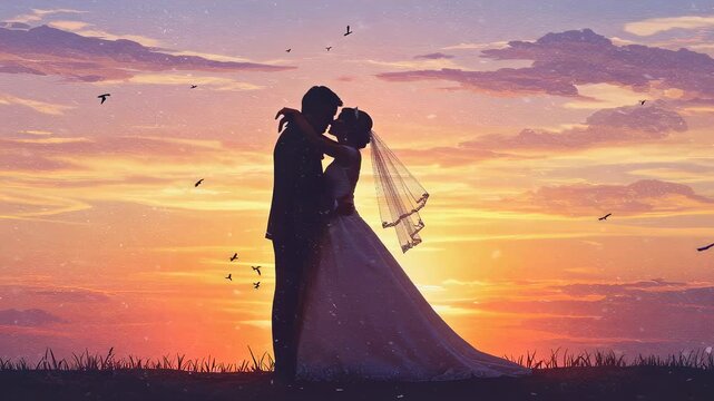 A man and woman in wedding attire silhouette against a sunset sky embraces and kiss on a hill, representing love and romance