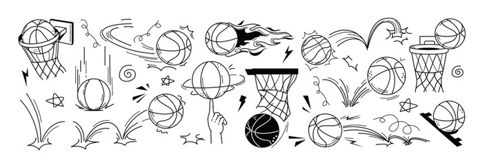 Vector black sport ball doodle illustration with motion and bounce line effects. Hand drawn hoop, net and basketball icons with flying movement, rebound and jump trajectory. Burning game equipment © redgreystock