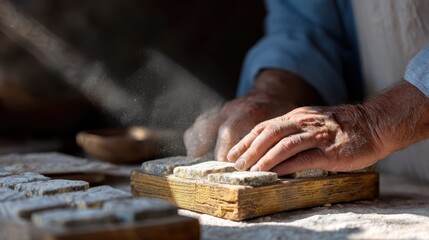 traditional dessert production, skilled hands molding date-filled dough into traditional eid cookies in a rustic kitchen, showing artisanal expertise and attention to detail