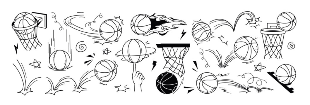 Vector black sport ball doodle illustration with motion and bounce line effects. Hand drawn hoop, net and basketball icons with flying movement, rebound and jump trajectory. Burning game equipment