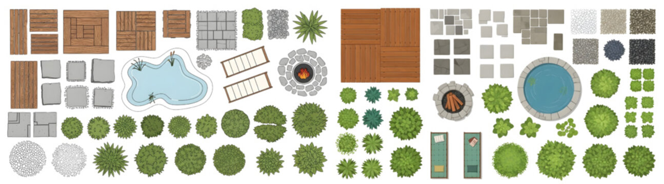 Flat Vector Top View Architectural Landscape Set Featuring Wood Decking, Paving, Pond, and Sun Loungers
