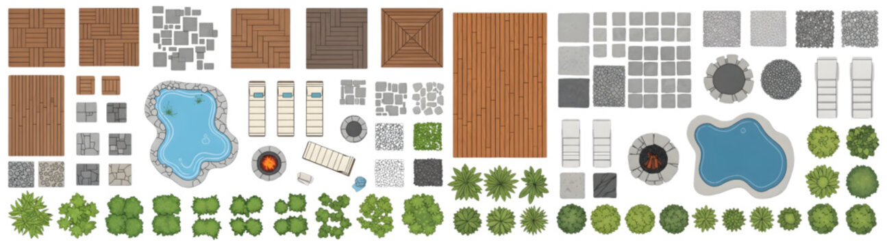 Flat Vector Top View Architectural Landscape Set Featuring Wood Decking, Paving, Pond, and Sun Loungers
