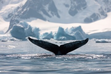 Fototapeta premium humpback whale tail in the arctic ocean with icebergs in the background, a greenland nature landscape