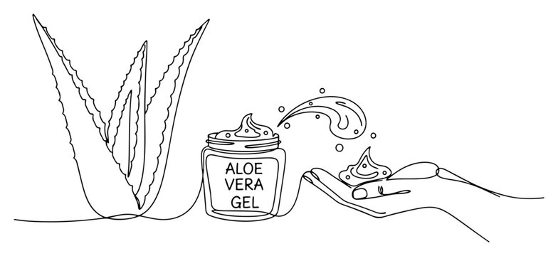 Aloe vera gel skincare. Continuous one line drawing of plant, cosmetic jar and hand with cream. Natural beauty vector illustration.