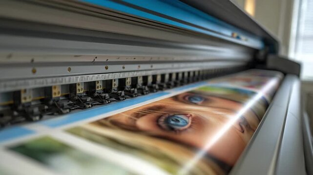 Medium shot of large format instant photo printing in progress emphasizing detailed images being created on oversized sheets for wall displays.