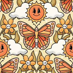 Cotton fabric Seamless pattern with retro rubber hose style butterfly and smiling sun in vintage 1930s cartoon aesthetic with halftone texture and autumn colors for textile and wallpaper