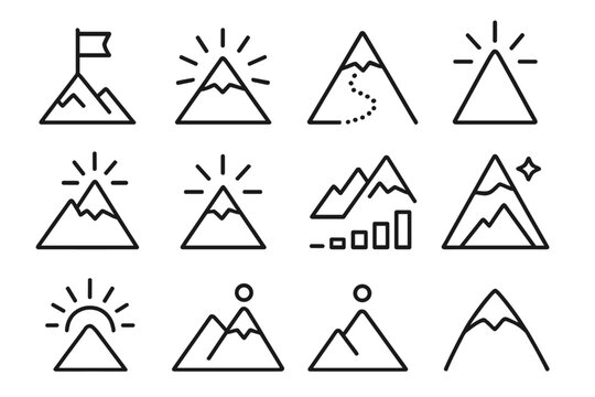 Summit Icon Set. Peak Moment set in outline vector style: summit flag, radiant apex, climbing path, sky cone, upward flare, crest line, zenith glow, pointed arc