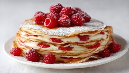 Layered pancakes arranged on a plain white dish