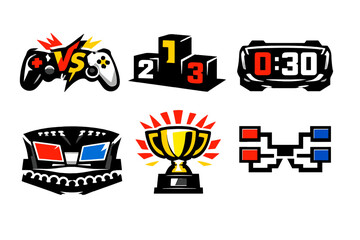 Esports Icons Collection. Gaming competition icon set in silhouette bold style. Contain game controllers duel, ranking ladder, countdown clock, esports arena, prize cup, match bracket