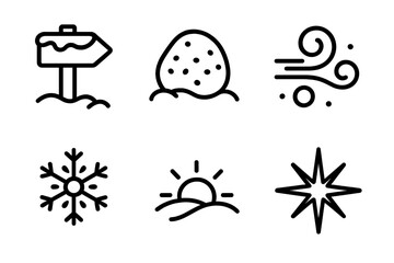 Snowy Trail Icons. Snowrun Trail Energy set in outline vector style : snowy trail marker, frost pebble, cold drift swirl, energised snow mote, frozen horizon arc, brisk ice flare