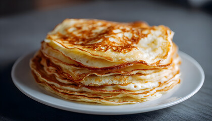 Layered pancakes arranged on a plain white dish