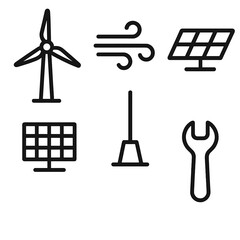 Energy Icons Simplified. Wind Turbineset in outline vector style Rotor, Tower Base, Wind Lines, Solar Panel, Grid, Maintenance Tool