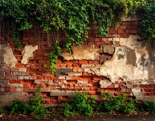Weathered, red brick wall with peeling plaster and lush green vines growing on and around the structure