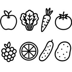 Fresh Produce Icons. Fresh Produce set in outline vector style: apple, leafy greens, carrot, tomato, berry cluster, citrus slice, cucumber, potato