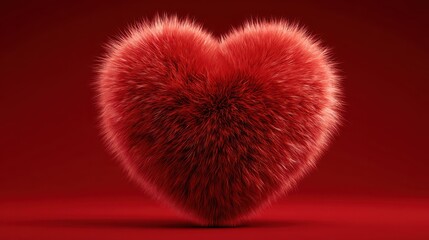 Luxurious deep red fuzzy heart shape symbol resting on a studio podium background