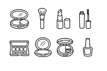 Cosmetic Icons Collection. Makeupset in outline vector style compact powder, brush, lipstick, mascara, eyeshadow, mirror, blush, nail polish