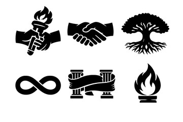 Bold Iconic Values. Timeless values icon set in silhouette bold style. Contain passing torch, handshake promise, rooted tree, continuity loop, heritage ribbon, steady flame