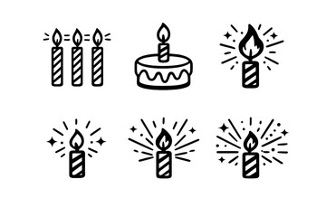Birthday Candle Icons. Celebration candlesset in outline vector style birthday candles, cake top candle, spark flame, festive glow, celebration burst, wish moment