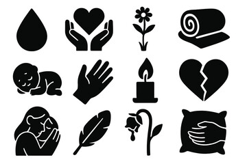 Tender Icons Collection. Tender Vulnerability icon set in silhouette bold style. Contain teardrop, heart in hands, fragile flower, soft blanket, sleeping baby,