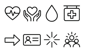 Wellness Outreach Icons. Health Social Outreach set in outline vector style: wellness flyer, heart pulse icon, care hands, hydration droplet, clinic sign,