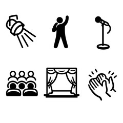 Stage Performance Icons. Live entertainmentset in outline vector style stage spotlight, performer silhouette, audience seats, microphone stand, curtain drape, applause hands