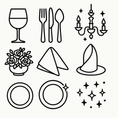 Elegant Dining Icons. Elegant Dining Atmosphere set in outline vector style: wine glass, polished cutlery, folded napkin, chandelier glow, floral centerpiece,