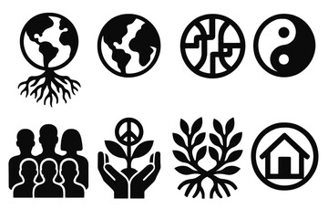 Global Unity Icons. Global Unity Origins icon set in silhouette bold style. Contain globe with roots, merging continents, connected pathways, harmony symbol,
