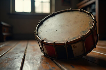 Old rustic drum on wooden floor near window with copy space