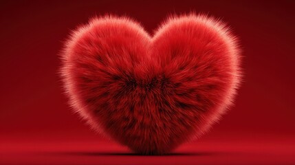 Fluffy red heart symbol on a vibrant crimson background represents pure romantic feeling