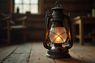 Vintage oil lantern with warm glow on rustic floor with copy space