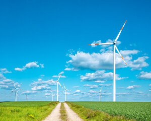 Farm track through green fields leading to wind turbines under blue sky with clouds, Saxony-Anhalt, Germany