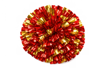 Red and gold metallic pom pom for cheerleading, sporting events, and festive celebrations on transparent background