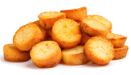 Crackers that are baked, round croutons of bread isolated on a white background