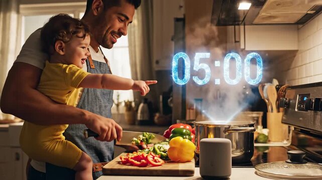 Father and toddler cooking vegetables in kitchen. Man holds child while chopping tomatoes and peppers. Holographic timer displays countdown for meal prep time