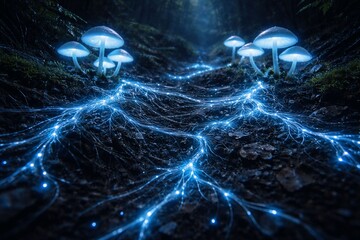 Glowing Mycelium Network with Bioluminescent Mushrooms