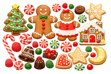 Gingerbread man and woman cookies with various christmas candies and holiday festive sweets on transparent background