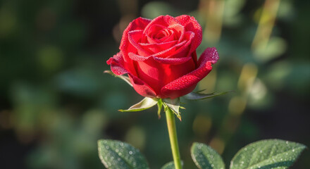 Red rose with dewdrops on petals and green leaves.