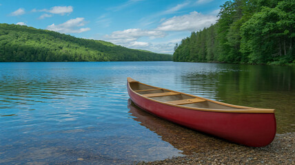 Lonely red canoe on a pebbled lake shore with forested hills