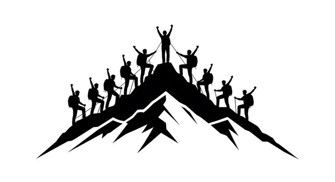A group of people celebrating on top of a mountain peak in black silhouette silhouette