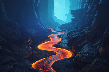 Surreal volcanic landscape featuring a glowing lava river through a dark canyon