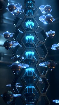 Futuristic Miniature Hexagonal Nanobots Building Integrated Circuit Honeycomb Hive in Vertical Cinematic Shot