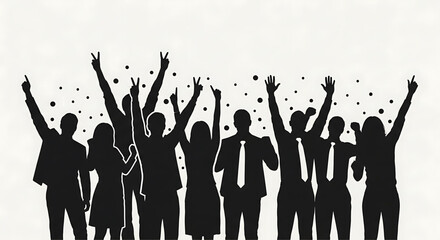 Silhouette of a group of people celebrating with raised arms and confetti silhouette