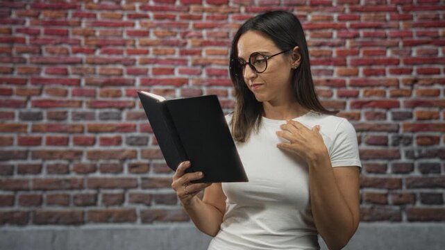 Woman reading a black hardcover book with hand on chest, holding pages open in studio; thoughtful reflection.