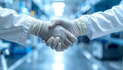 Handshake in the Laboratory: Two scientists, their gloved hands clasped in a firm handshake within the modern laboratory. Symbolizing agreement and collaboration in scientific innovation.